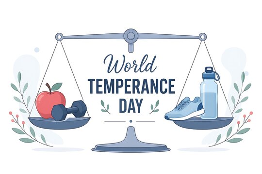 World temperance day conceptual illustration with balance scale showing healthy lifestyle items like fruit and sneakers
