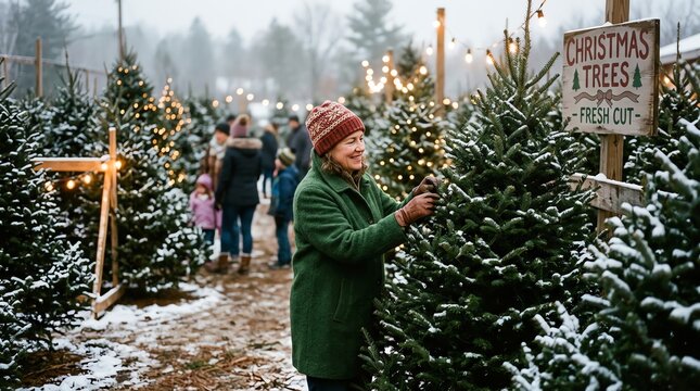 Woman Inspecting Fresh Cut Christmas Tree at Outdoor Lot