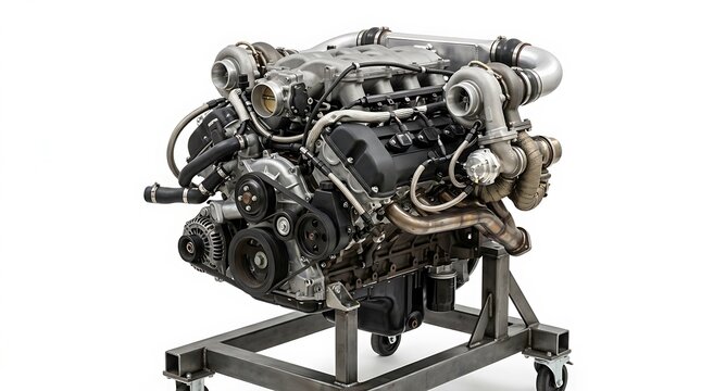 Twin Turbo V8 Engine Mounted on Steel Stand.