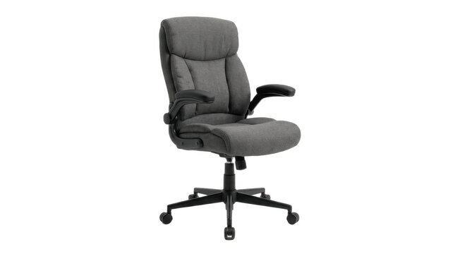 A Set of gray ergonomic office chairs with cushioned seat, armrests and caster wheels, isolated on white background realistic workplace furniture PNG

