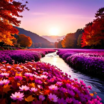 a river with flowers in the fore