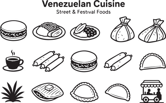 Venezuelan foods featuring arepas pabellon criollo hallacas tequenos cachapas empanadas and traditional dishes vector cuisine restaurants food menus culinary tourism street food culture festivals
