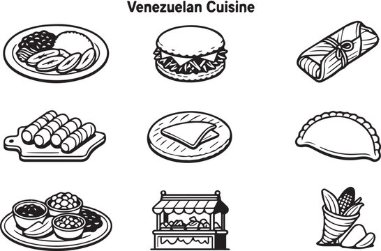 Venezuelan foods featuring arepas pabellon criollo hallacas tequenos cachapas empanadas and traditional dishes vector cuisine restaurants food menus culinary tourism street food culture festivals