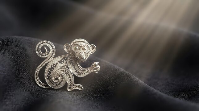 Silver ornamental monkey brooch with intricate filigree detailing resting on dark fabric