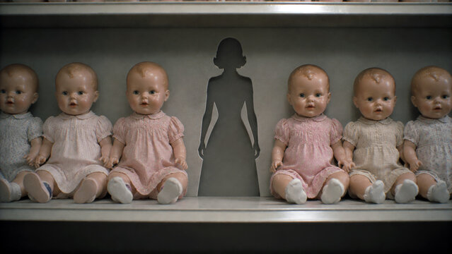 Row of vintage baby dolls with an empty female shaped space in the center, representing absence, identity, childhood and changing beauty ideals
