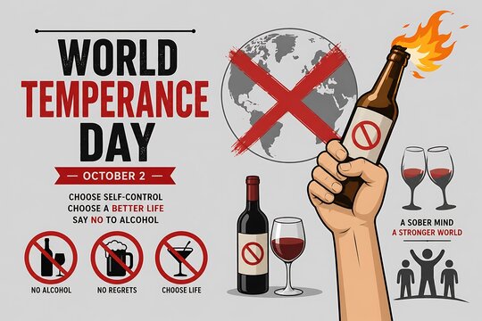 World temperance day poster design with hand holding flaming alcohol bottle