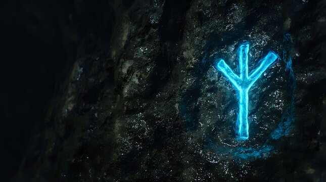 Glowing cyan neon rune symbol on dark textured stone surface, mystical glowing sign