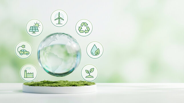ESG corporate sustainability strategy with glass earth globe and green energy icons representing global environmental policy