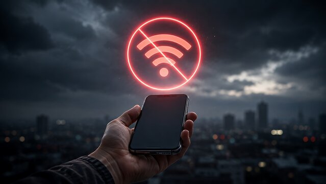 A person holds a smartphone beneath a glowing no Wi-Fi symbol, representing lost connection, network outages, or digital disconnection