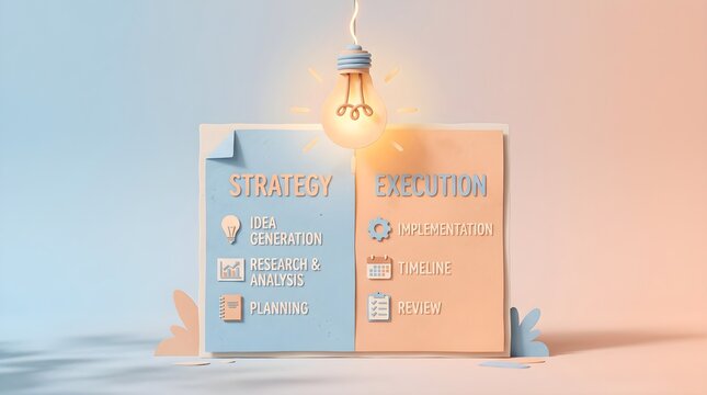 Strategy execution sheet is topped with a bright glowing bulb.