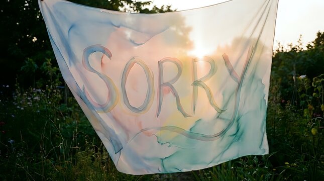 Fabric banner with sorry text blowing in wind at sunset, displayed outdoors among green foliage