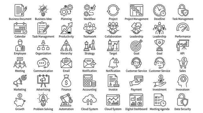 Business management line icons with labels presenting teamwork, finance, communication, and planning concepts.