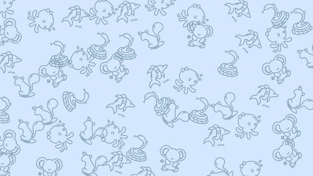 Seamless pattern featuring cute hand drawn animals on a light blue background.