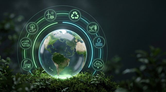 Global carbon reduction strategy and climate action tracking interface with holographic eco icons orbiting the earth
