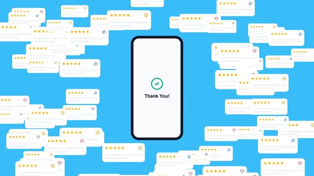 Smartphone Screen Mockup Receiving Five Star Feedback Rating with Floating Testimonial Popups on Blue Background