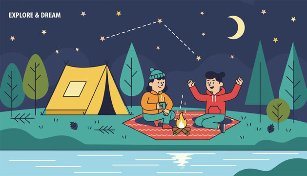 Two happy friends sitting by a cozy campfire near their tent under a starry night sky during camping trip.