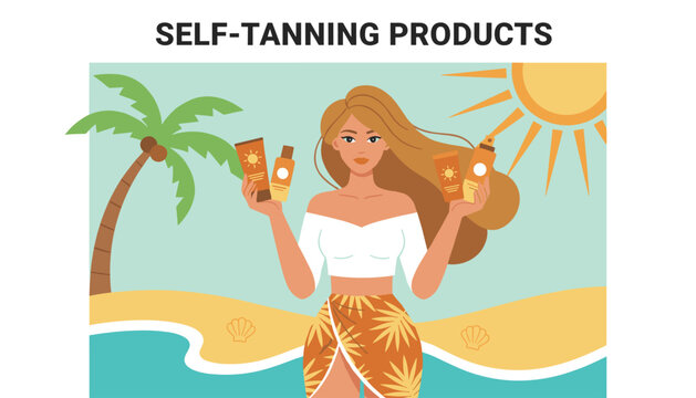 Beautiful blonde woman presenting self-tanning cream products while standing on a sunny beach with palm tree.
