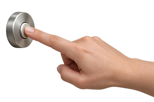 Human finger pressing a round metal doorbell button png file isolated on transparent background
