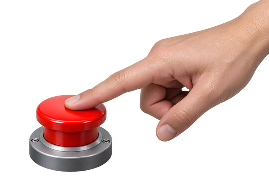 Human finger pressing a shiny red emergency button png file isolated on transparent background