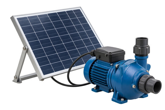 Blue solar water pump system with photovoltaic panel as a png file isolated on transparent background