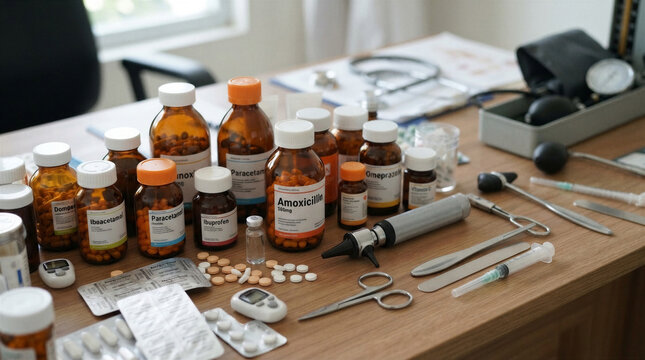 Medical Desk with Prescription Medicine Bottles Pills and Stethoscope