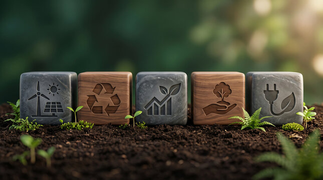 Sustainable business pillars wooden blocks with eco friendly icons representing renewable energy recycling and carbon reduction