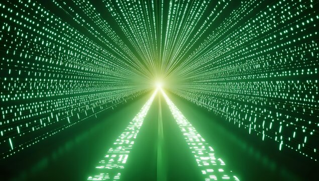 Digital tunnel with glowing green binary code radiating from center point