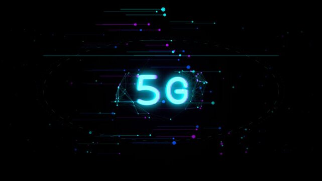 Futuristic 5G mobile network logo animation with glowing blue particles and digital data plexus