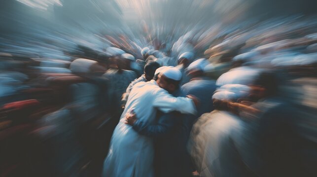 Emotional embrace in busy crowd