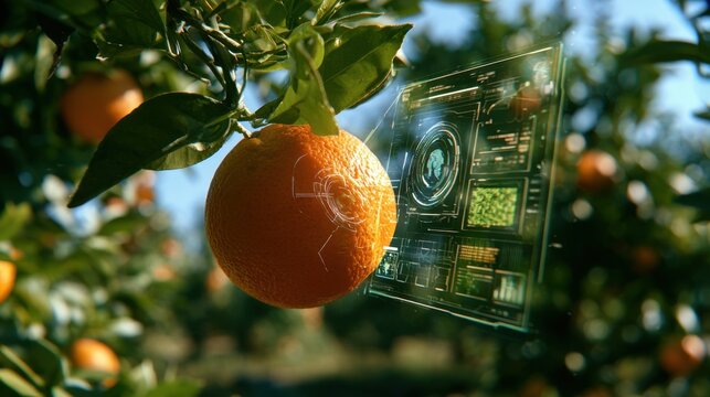 Advanced digital agriculture technology analyzing orange fruit on tree with futuristic transparent interface and data visualization in orchard environment