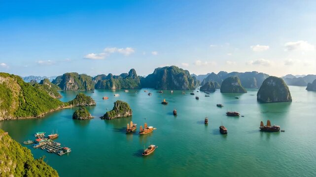 aerial view of halong bay limestone karsts under blue sky vietnam