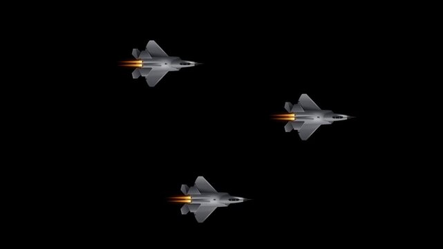 Three fighter jets flying in formation across a black background, showcasing military aviation and modern air power with dynamic motion.