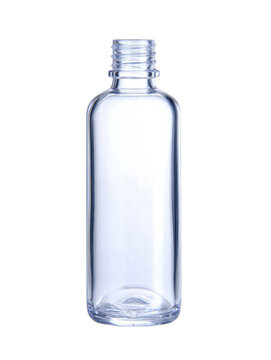 A transparent empty glass container with a screw-top opening, ready for filling with various liquids or products