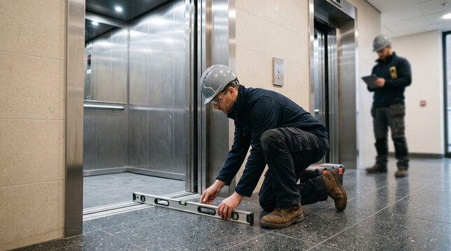 Technician checking floor level by elevator