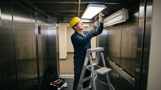 Technician replacing elevator light fixture