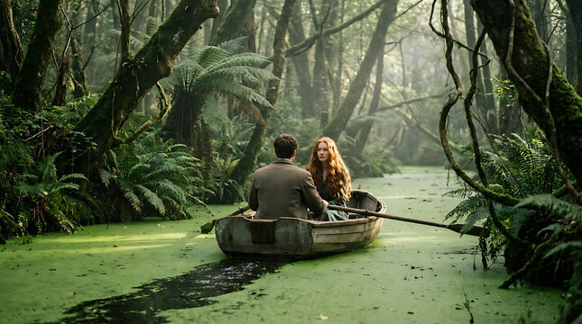 A couple gently rows a wooden boat through a mystical, algae-covered swamp surrounded by lush green prehistoric jungle