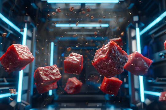 Lab grown meat cubes floating with seasoning particles in futuristic neon illuminated space station