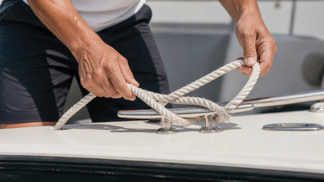 Hands tying rope on sailboat deck