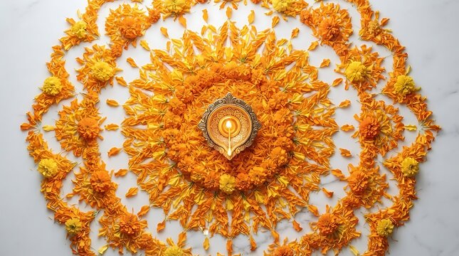 Diwali diya lamp with circular marigold rangoli