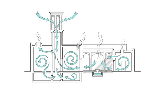 Minimalist vector illustration depicting historical windcatcher architectural ventilation system with blue directional arrows showing airflow through complex desert house structures