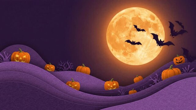 Halloween background with spooky pumpkins, full moon, and flying bats in purple night sky