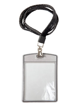 A transparent plastic ID card holder is attached to a black woven lanyard with a metal clip for easy carrying and display