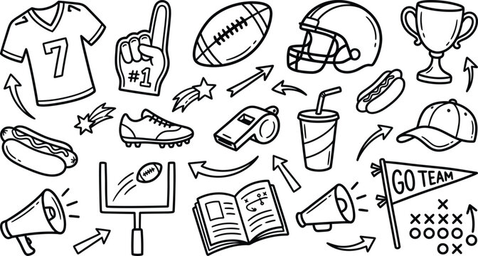American football game elements drawn in a simple doodle style with white background