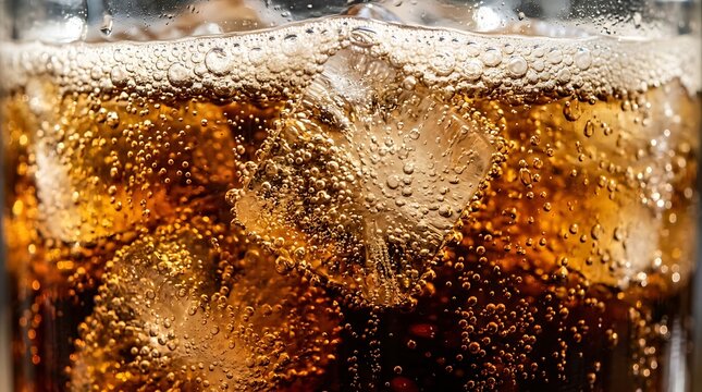 Closeup of a glass of cola with ice cubes and bubbles