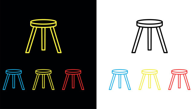 Modern three legged wooden stool icons in vivid outline colors for home furniture app ui.