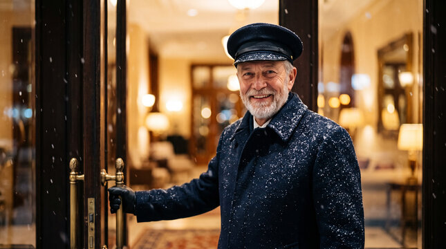 Hotel doorman opening door in snowfall