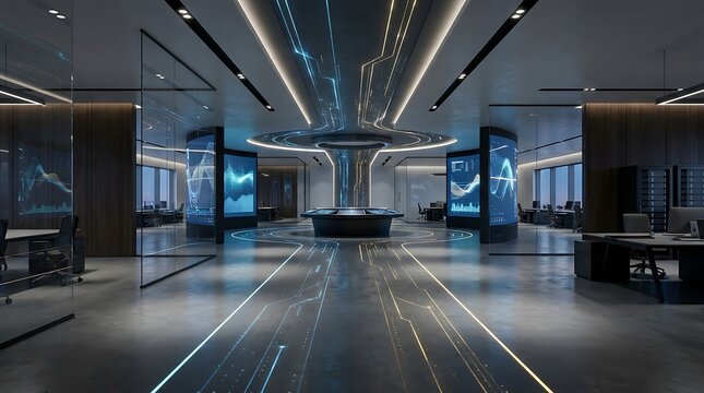 Futuristic automated clearing house command center with digital data analytics screens and glowing pathways