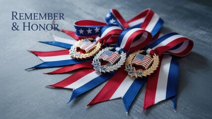 Fototapeta premium Medals with red, white, and blue ribbons arranged on a textured surface, featuring patriotic symbols and an inspirational message of remembrance and honor