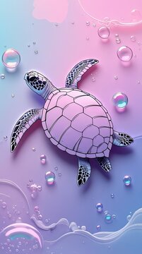 Illustration of a sea turtle swimming among colorful bubbles on a pastel gradient background with shades of pink and blue