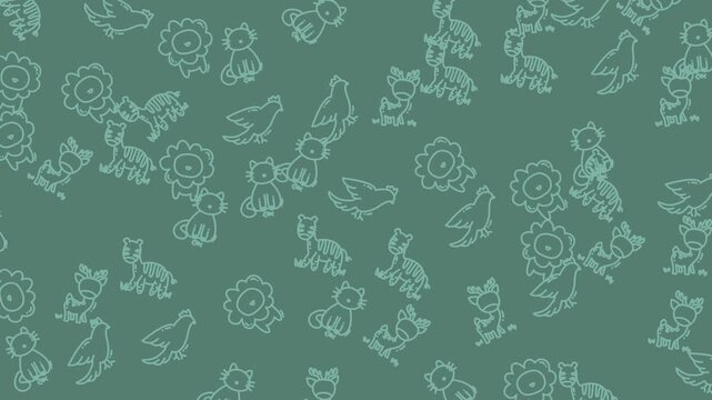 Seamless pattern background featuring cute hand drawn animal and flower icons on a sage green backdrop.